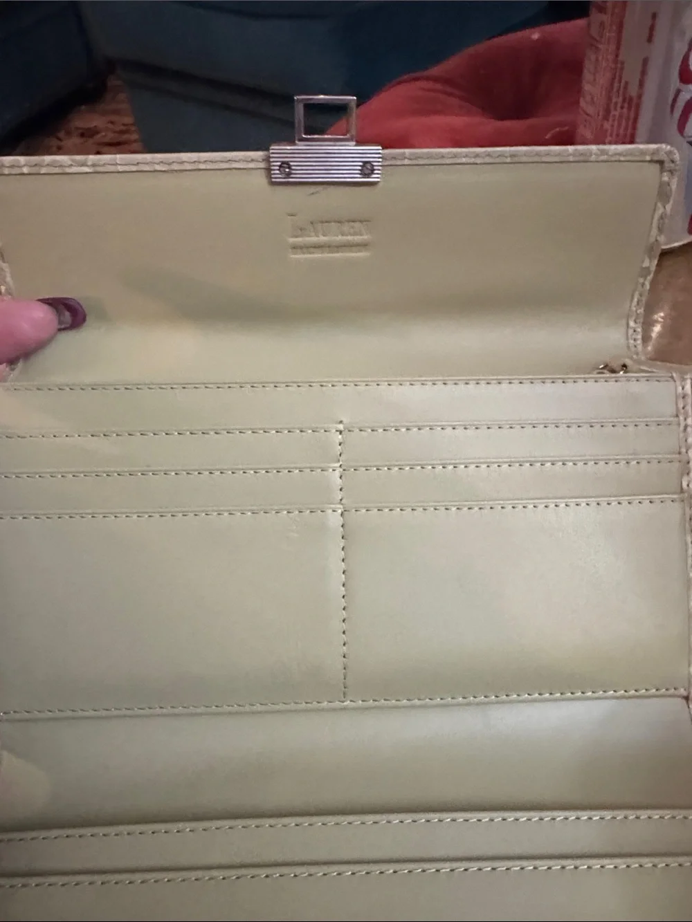 Ralph Lauren Ivory Croc-Embossed Wristlet Clutch with Gold Tone Hardware